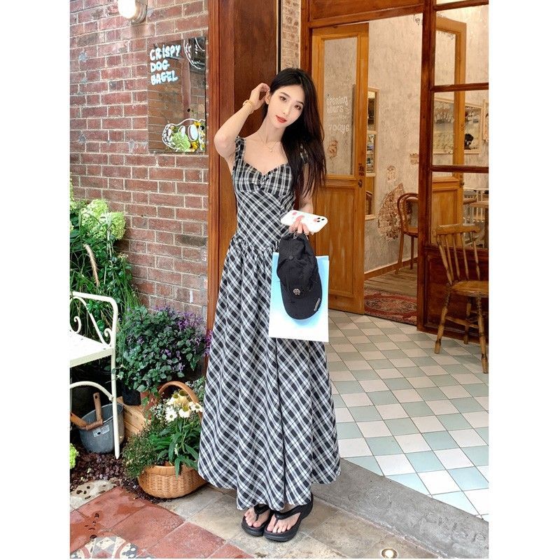 Retro square neck bubble sleeve plaid dress children's summer new high-end temperament a-word long dress