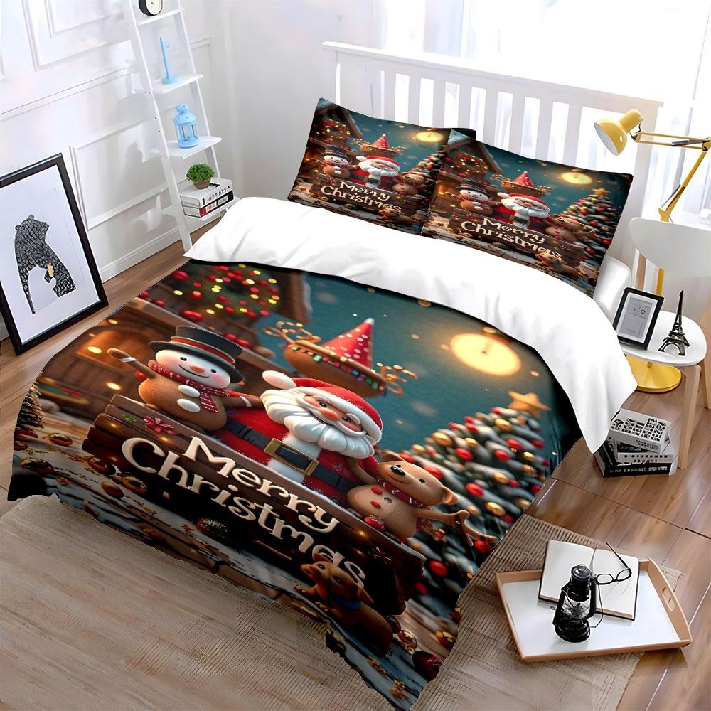 Christmas Santa Snowman Decor Bedding Duvet Cover Set Duvet Cover Pillowcases (1*Duvet Cover 2*Pillowcases, Without Duvet Insert)