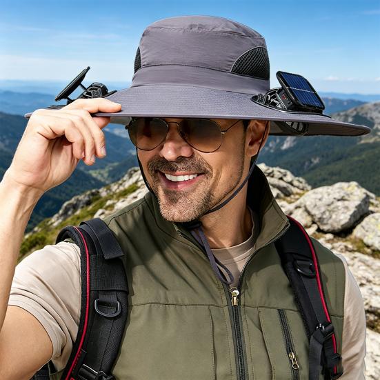 Outdoor Bucket Hat Wide Brim Fishing Hat with Dual Fans Solar USB Rechargeable