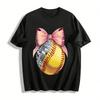 Disco Ball Softball Print Tee with Pink Glitter Bow Design Pure Cotton T-shirt