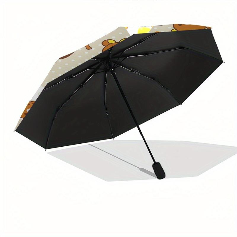 Bear Pattern Automatic Folding Umbrella Simple 8 Rib Design, Bright Cartoon Pattern, Durable Iron Frame, Suitable For Travel, Outdoor, Beach