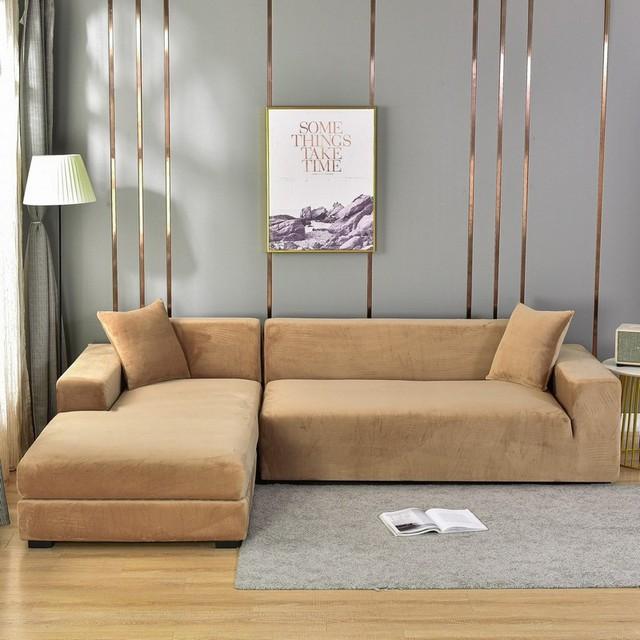 Elastic Velvet Sofa Cover Turquoise Blue Corner Chaise Lounge Anti Cat Scratch Stretchable Sofa Cover For Living Room