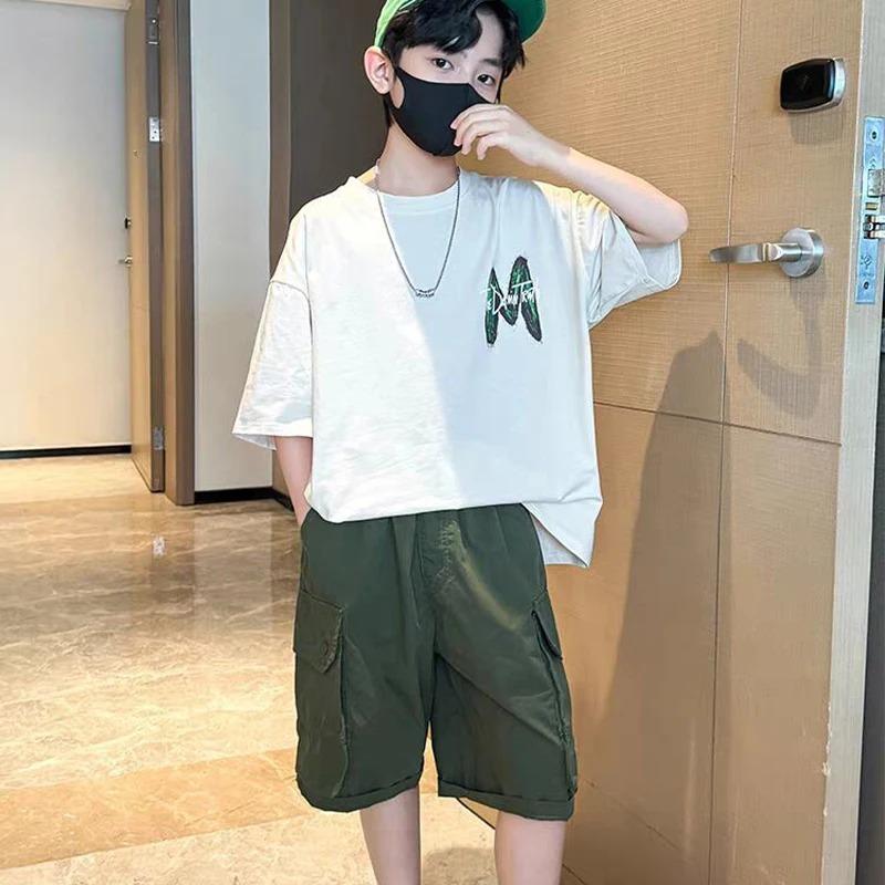 Teen Boys Clothing Set Summer Letter Short Sleeve T Shirt Pants Suit Kids Handsome Casual Outfit