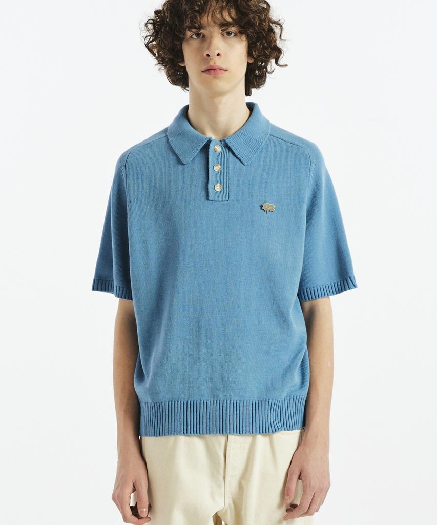 FALLETT Cotton Yarn Collared Short Sleeve Knit Blue