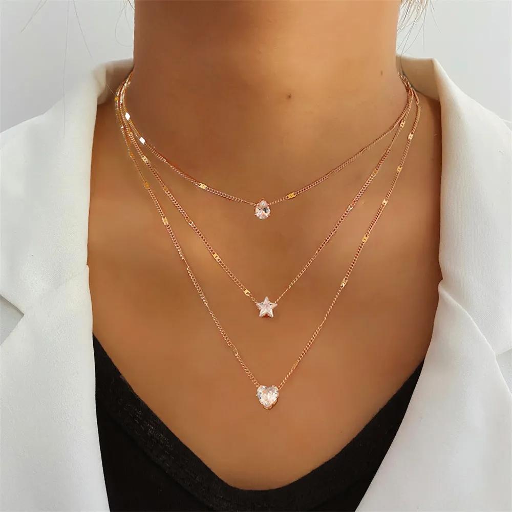 Set de colier cu pandantiv în straturi, zircon, cu inimă, cu stele, farmece, pentru femei, farmece, modă, pătrat, strasuri, vintage