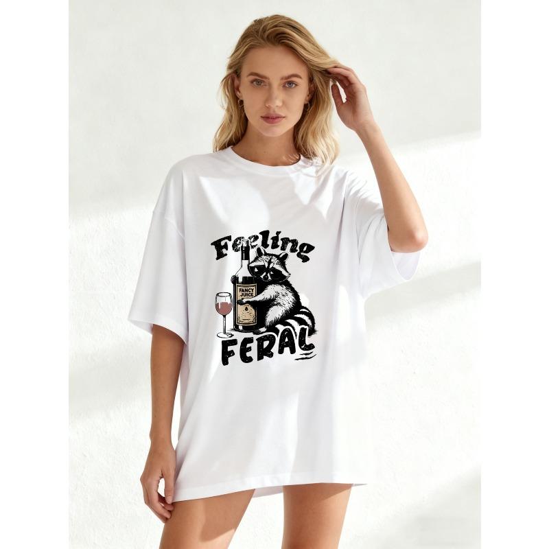 Übergroßes T-Shirt Schwarz Wilde Katze trinkt Wein und Fruchtsaft Grafikdruck Lässige Streetwear für Damen