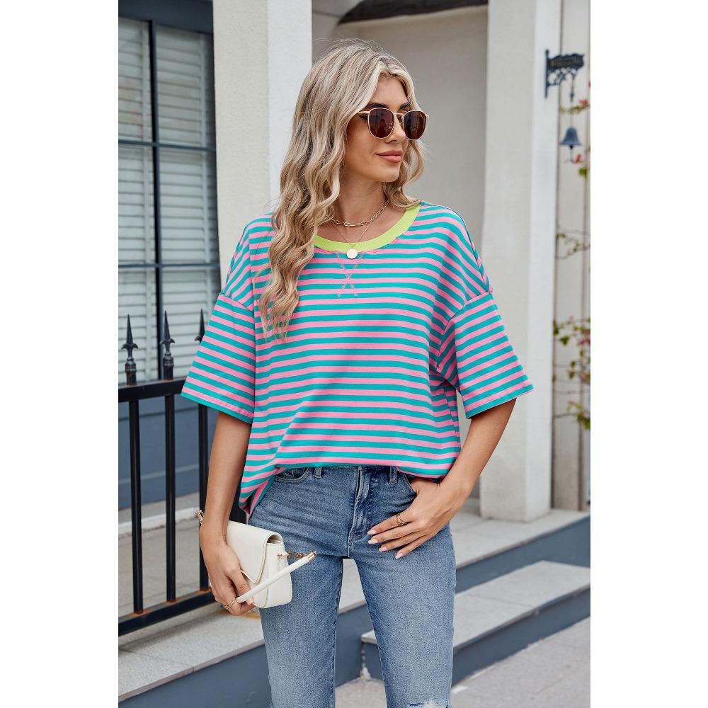 Spring and Summer New Women's Striped Contrasting Loose Short Sleeved T-shirt Top