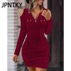 JPNTKY Damenmode Herbst Winter Einfarbig Druck Langarm V-Ausschnitt Freizeitkleider