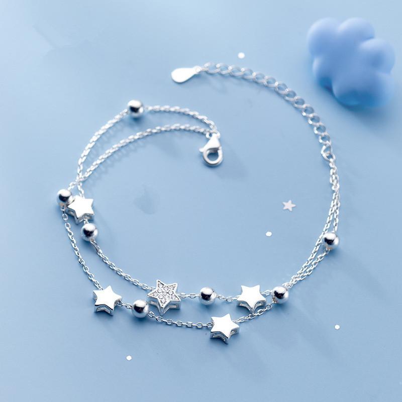 925 Stamp Silver Color Star Bracelet Fashion Korean Five-pointed Stars Crystal Double Bracelet