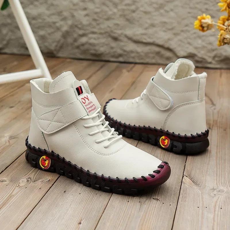 Fashion Woman's Leather High Top Cotton Shoes Trend Winter Flat Bottom Shoes for Woman Warm Cotton Shoes Soft Bottom Non-slip Boots