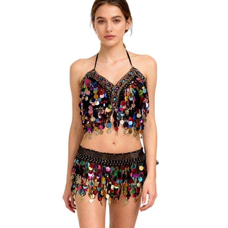 Professional Belly Dance Costume Set Sequins Bra and Hip Scarf for Stage Performances Ractical Polyester Fabric Outfit