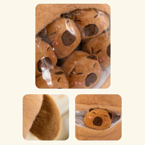 Capybara Plush Snack Bag Pad with Zipper Design Soft Stuffed Toy with 3-6 Mini Capybara Dolls Inside Transparent Abdomen Cute Hugging Pillow for Kids