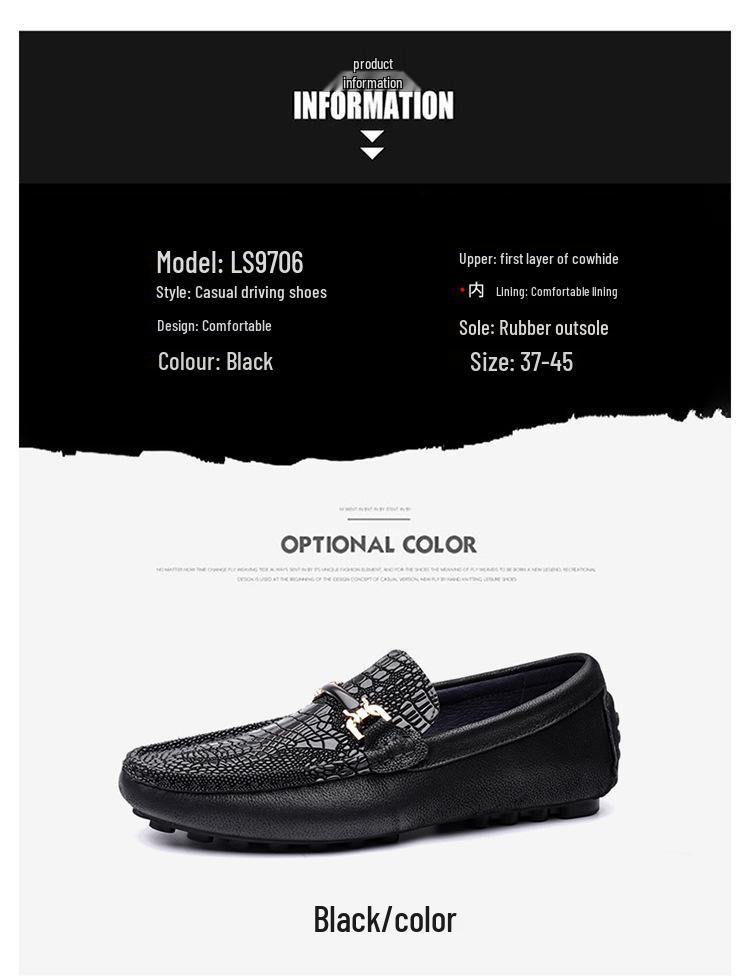 Men's Large Slip-On Leather Loafers: Crocodile Pattern Flat Sole Casual Driving Shoes