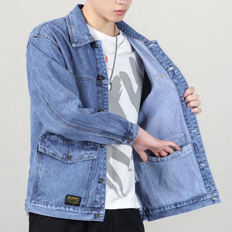 New Autumn Jean Jacket Men's Loose Multi Pocket Trend Versatile Handsome Top Large Lapel Casual Denim Jacket