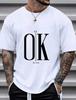1pc Unisex S Letter Ok Print Black Tshirt Crew Neck Casual Cotton Tee Medium Stretch Knit Fabric Regular Fit For Boys Unisex Perfect
