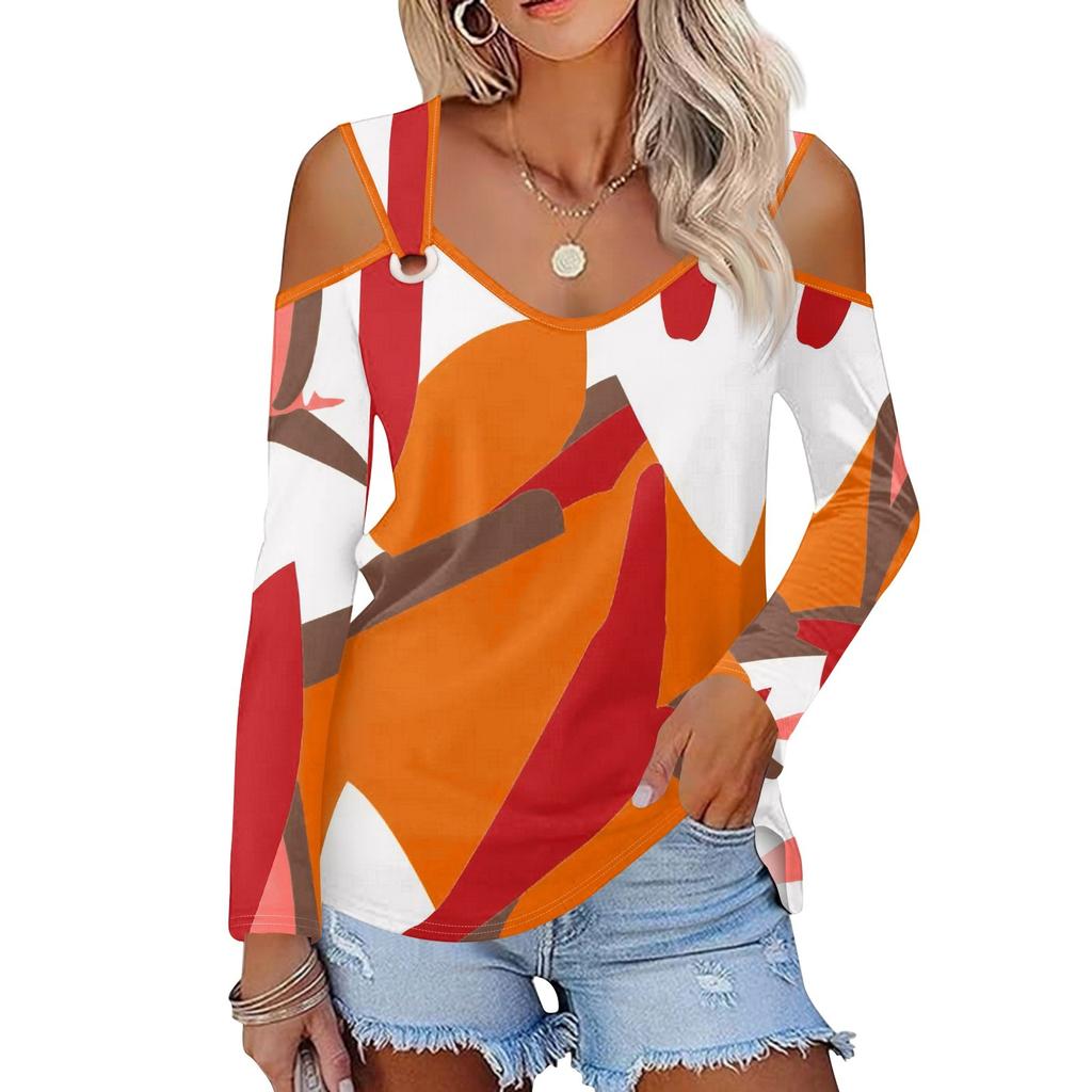 Women's Casual Shirt Blouse Print V-neck Sexy Cold Shoulder Long Sleeve Top