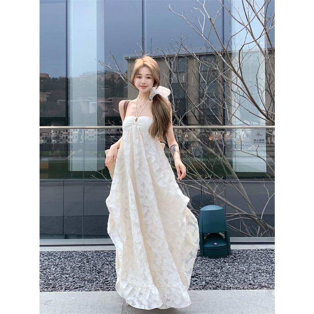 French Neck Dress Women's Summer Seaside Vacation Wind Backless Long Dress Super Fairy Temperament Loose a Word Skirt