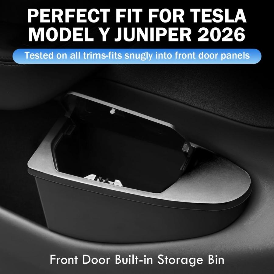UBLM4 Front Door Built-in Storage Organizer for Tesla Model Y Juniper 2025 2026 Car Garbage Bin with Push‑Open Lid ABS Door Organizer