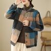 Women's Vintage Color Block Plaid Quilted Jacket Stand Collar Single Breasted Baseball Cotton Coat Winter Outerwear
