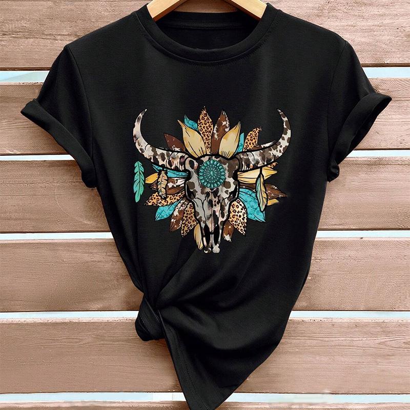 Fashion Women Animal Cow Skeleton Flower Print T Shirt Funny Casual O-neck Short Sleeves T-shirt Summer Female Tee Shirt