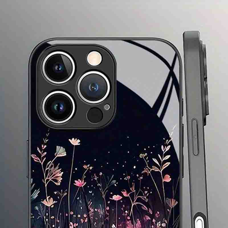 Mooi Nachtelijk Bloemig Patroon Gehard Glas Telefoonhoesje Voor iPhone 17 16 15 14 Pro Max 13 12 11 16E 17 Air 7 Plus XR XS X Hoesje