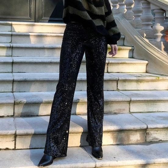 Women Pants Mid-rise Solid Color Sparkling Sequins Casual Trousers Wide Leg Stage Dance Pants Night Club Party Wear
