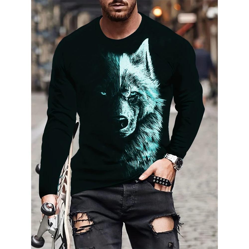 Rudens vīriešu apkakles T-krekls ar garām piedurknēm 3D Wolf Print T-krekls ar garām piedurknēm Outdoor Street Men Modes T-krekls ar garām piedurknēm