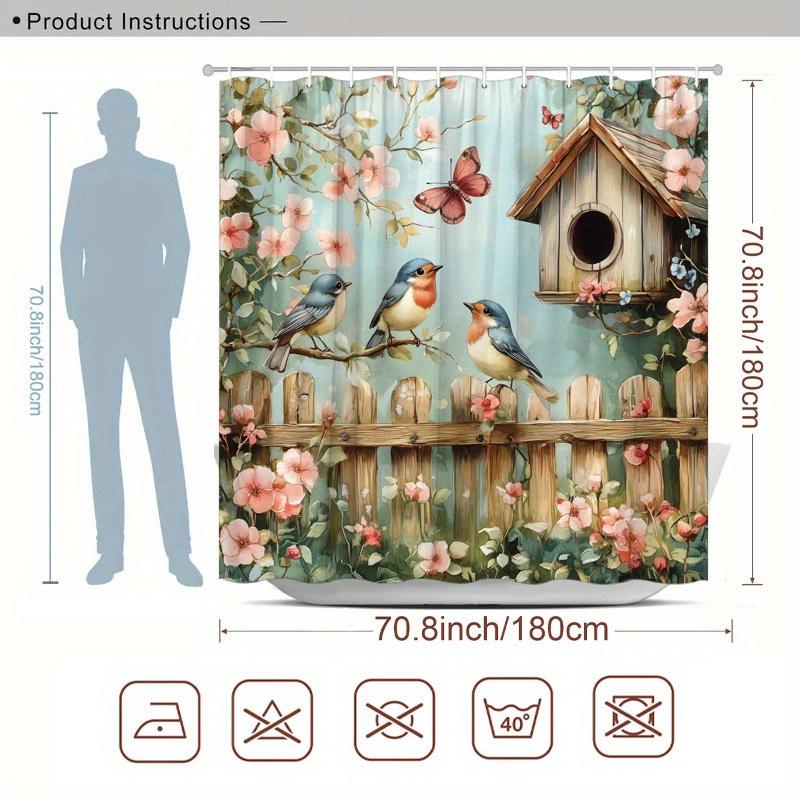 Charmante Tuin met Vogels en Vogelhuisje Douchegordijn - Waterbestendig Stof voor Badkamer - Perfect