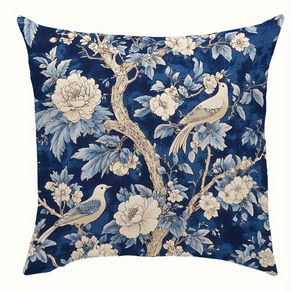 1/4pcs 2D Flat- Navy Blue Chinoiserie Peacock and Peony Floral Throw Pillow Cover Home Outdoor Decoration Cushion Cover