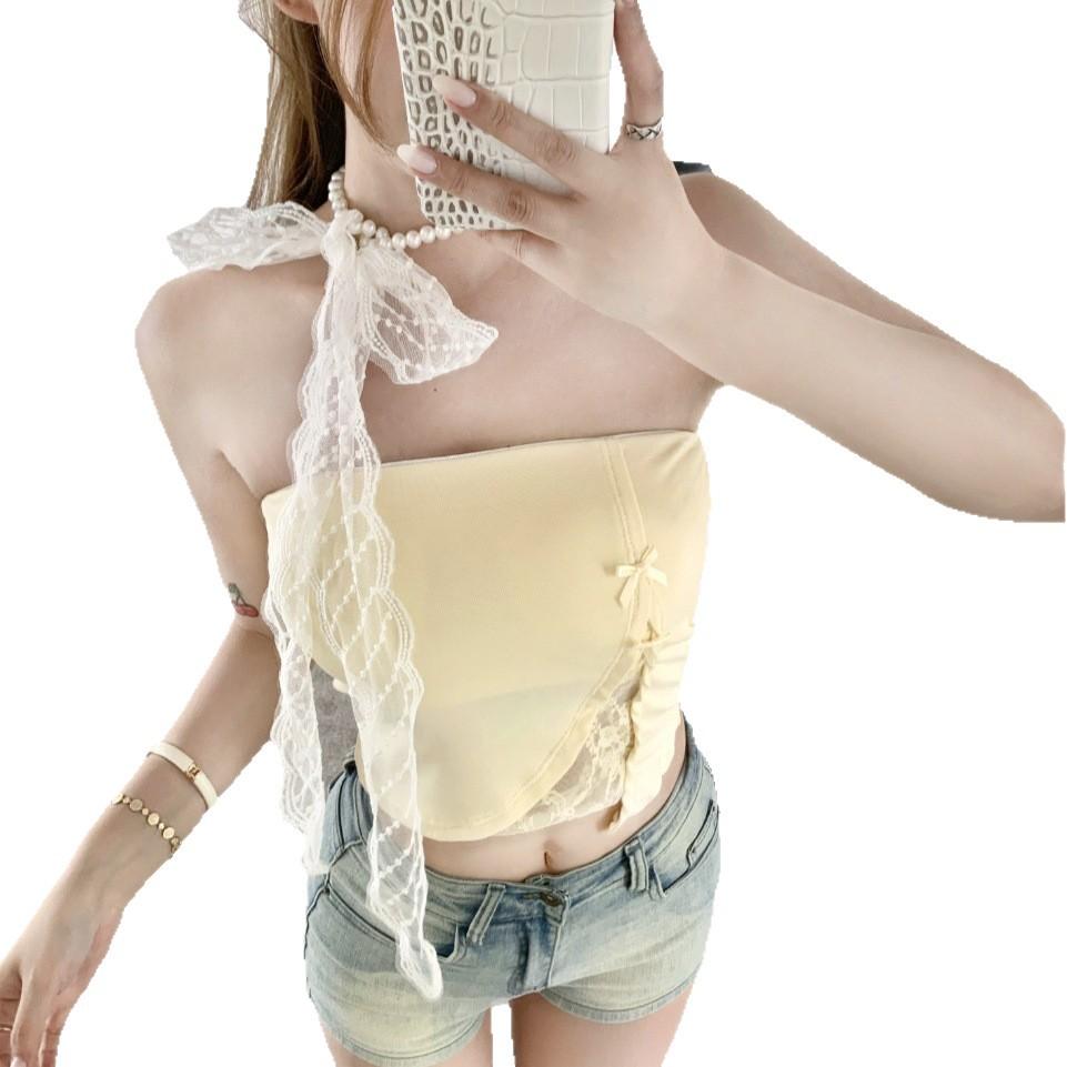 #Summer New Spice Girl Wind Lace Necklace Splicing Tube Top Female Slim Fixed with Chest Pad Top