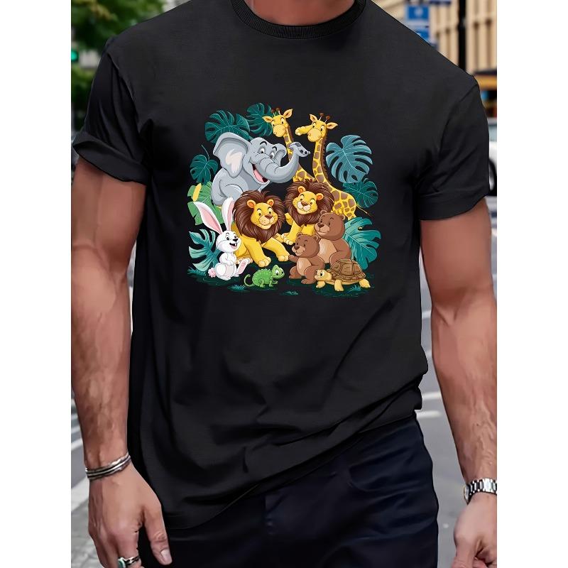 European sizes Men'S Jungle Animal Print T-Shirt | Soft Breathable Tee with Lion, Elephant, Giraffe - Black, Crew Neck, Regular Fit