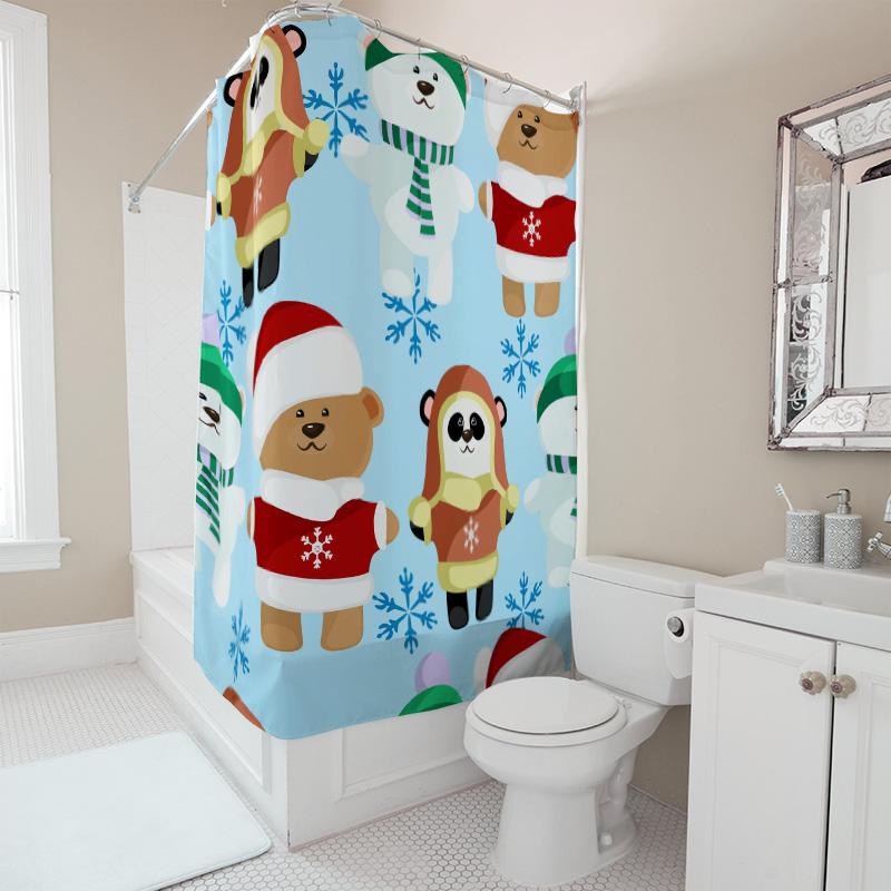 Tu Cute Bear Christmas Shower Curtain Waterproof Festive Holiday Bathroom Decor Set Modern Farmhouse Style Holiday Gift