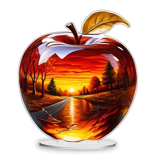 2D-Äpfel aus Acryl mit Flusslandschaftsmuster, flache Obstdekoration, Tisch-Äpfel-Ornament für Home-Office-Schreibtisch-Regal-Dekor