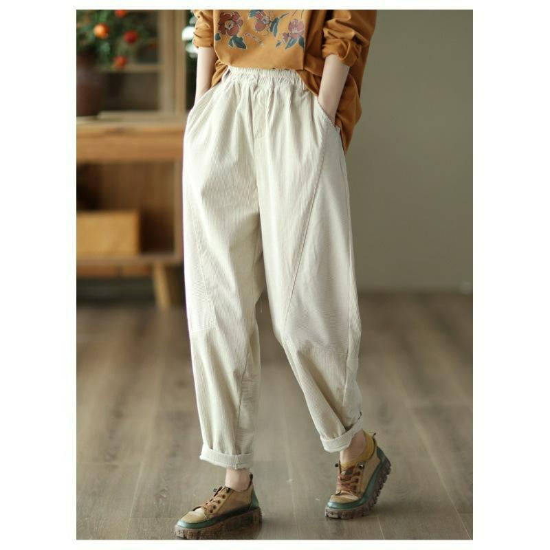 Spring and Autumn Literature and Art Retro Cotton Corduroy Harem Pants Women's Elastic Waist Slimming Women's Pants Casual Velvet Trousers