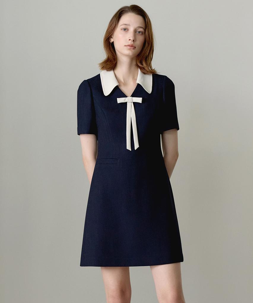 Ollibeudeollibeu Contrast Collar Ribbon Tie Mini Dress Ow6Mo4160