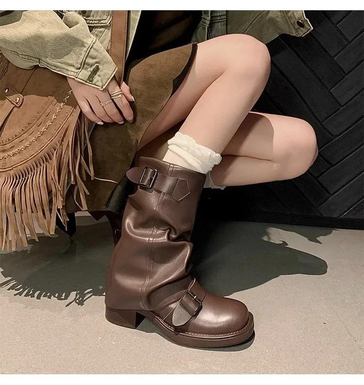 Fashion Women's New Autumn Pleated Pile Boots Fashionable Retro Western Cowboy Boots Round Toe Thick Heel Belt Buckle Knight Boots
