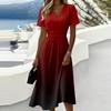 Women’s Short Sleeve V Neck Midi Dress with Gradient Print High Waist Pleated A Line for Daily Wear