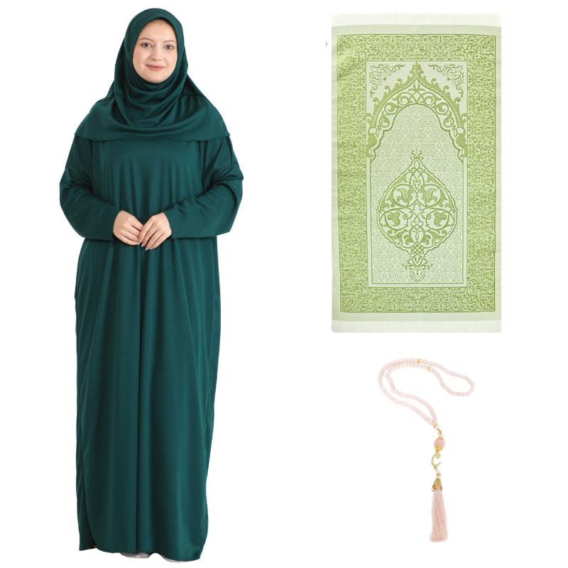 Dámské modlitební šaty s hidžábem, kobereček, tasbih, muslimská sada, islámské oblečení, abája, džilbáb, dubajský kaftan pro Eid, Ramadan