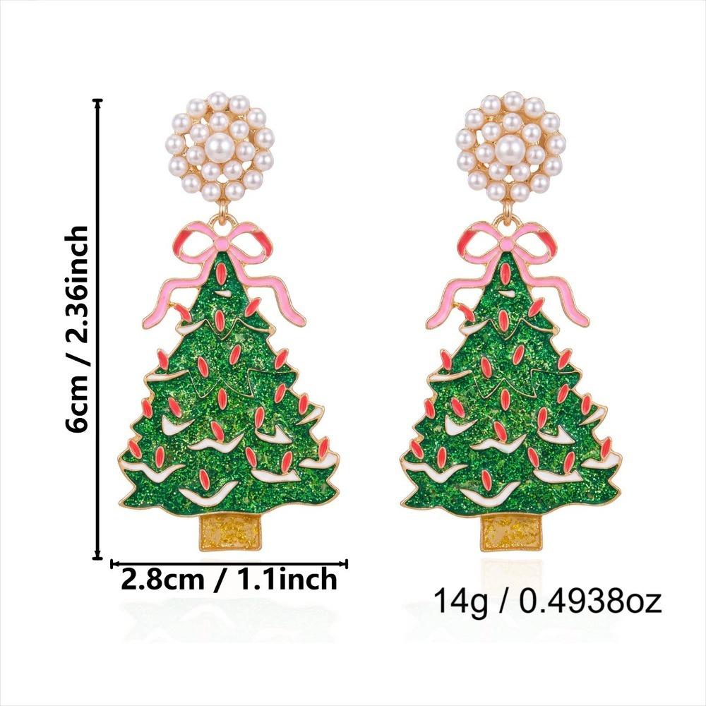 1 pair Rhinestone Xmas Tree Bowknot Earrings Simulated Pearl Holiday Jewelry  Women
