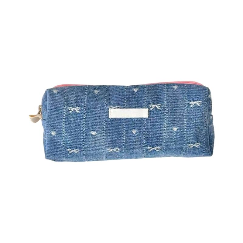 Multifunctional Pencil Bag Large Capacity Jeans Pencil Case Bowknot Pen Pouches Travel Makeup Bag for Office School