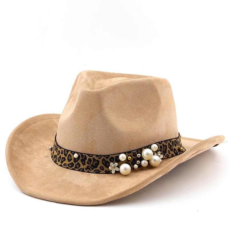 European and American Fashion Leopard Print Pearl Suede Top Hat Women's Jazz Hat Autumn and Winter Versatile Felt Hat Flat Edge Cowboy Hat