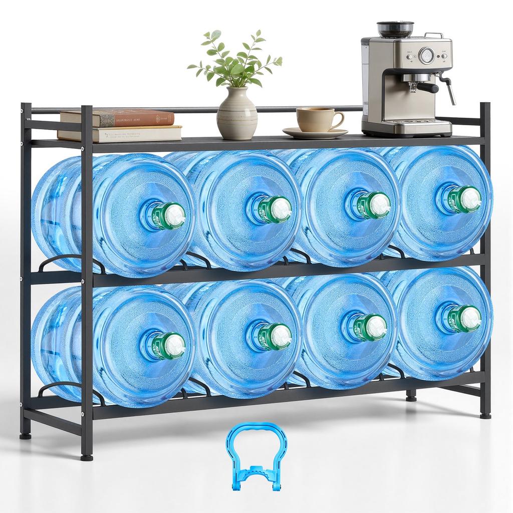 VEVOR Water Jug Holder, 3 Tiers 4 Rows 11 L and 19 L Water Bottle Holder for 8 Bottles, Heavy Duty Jug Rack Organizer with Storage Shelf