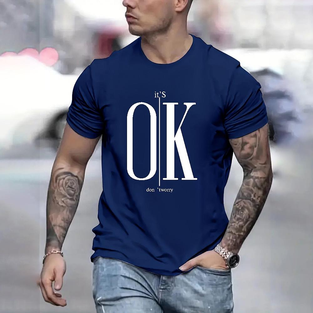 2026 Men's Street Ok Letter Print T-shirt Summer Men's Casual Short Sleeve Tops Oversized Hipster T Shirts Clothing New Menswear