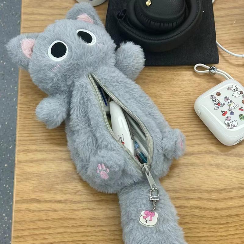 1 Pcs Gray Plush Cat Pen Bag Cute Desktop Cartoon Stationery Storage Bag Pencil Case