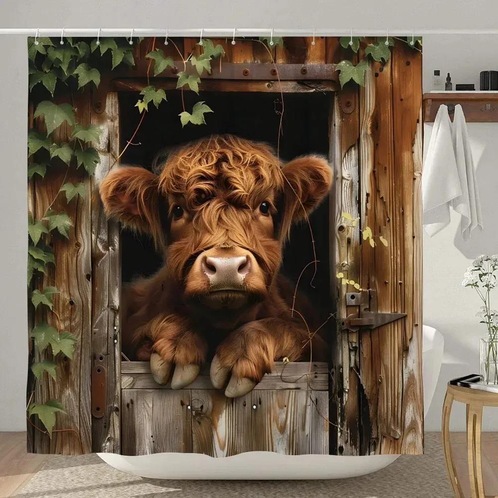 Funny Highland Cow Shower Curtain Rustic Country Cow Cartoon Animal Children's Bath Curtain Polyester Fabric Home Bathroom Decor