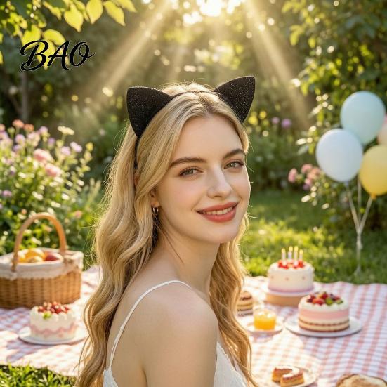 Cat Ear Headband Furry Ears for Women, Glitter Hair Flexible Band Costume Accessory Halloween Cosplay Party And Masquerade Events Comfortable