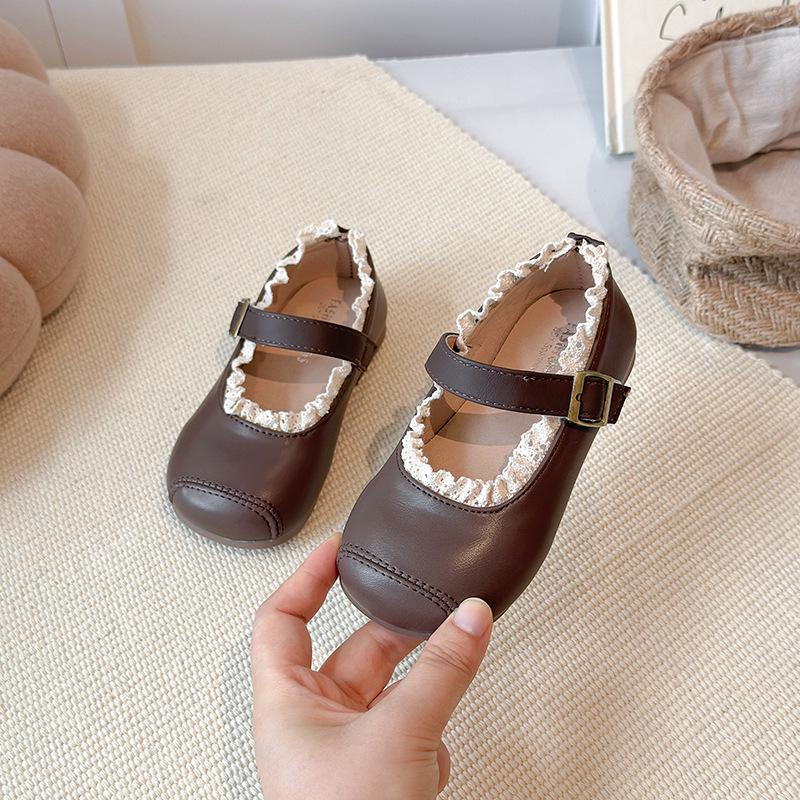 Spring 2026 Children's Lace Trim Leather Mary Jane Shoes - Non-slip, Soft Sole Baby Princess Shoes