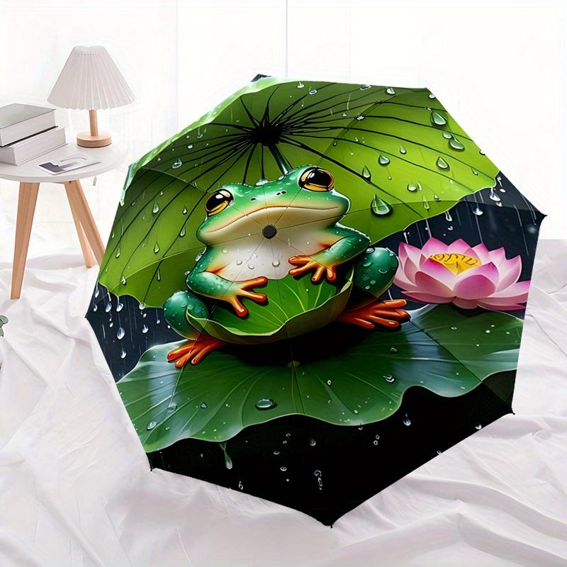 Frog under a for Lotus Leaf - An 8-ribbed, plastic handle, auto-open folding umbrella, portable, ideal for shopping, travel, and daily use.