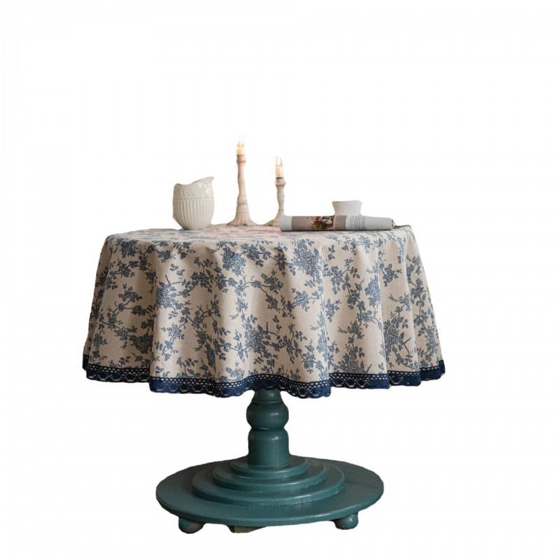 Cotton Linen Round Tablecloth 150cm Blue Rose Print Vintage Decorative Dining Table Cover