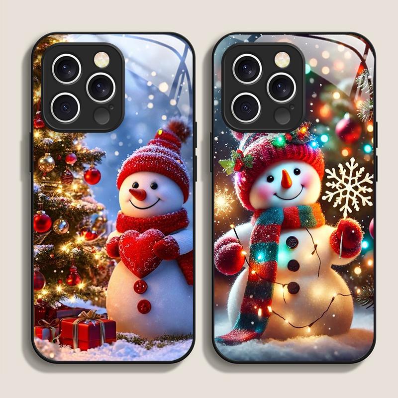 Custodia per Telefono in Vetro Temperato Carina con Pupazzo di Neve Invernale e Albero di Natale per iPhone 17 16 Pro Max 15 14 13 12 Mini 11 X XS XR 7 8 Plus Cover